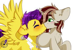 Size: 3000x2000 | Tagged: safe, alternate version, artist:etoz, oc, oc only, oc:blazing bullet, oc:skyspark, pegasus, pony, unicorn, blushing, commission, eyes closed, forest, gay, grass, happy, high res, horn, kiss on the lips, kissing, leaves, male, pegasus oc, simple background, sparklet, stallion, surprised, transparent background, tree, unicorn oc, wings, ych result