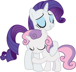 Size: 3155x3000 | Tagged: safe, artist:cloudy glow, rarity, sweetie belle, pony, unicorn, for whom the sweetie belle toils, g4, .ai available, belle sisters, duo, duo female, eyes closed, female, filly, high res, hug, mare, sibling love, siblings, simple background, sisterly love, sisters, smiling, transparent background, vector