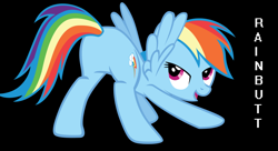 Size: 930x505 | Tagged: safe, artist:sircinnamon, derpibooru exclusive, edit, editor:twilyisbestpone, vector edit, rainbow dash, pegasus, pony, g4, black background, butt, face down ass up, female, lidded eyes, mare, plot, rainbutt dash, simple background, smiling, solo, spread wings, vector, wings