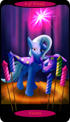 Size: 1500x2591 | Tagged: safe, artist:sixes&sevens, trixie, pony, unicorn, g4, cape, clothes, curtains, female, fireworks, hat, minor arcana, six of wands, solo, spotlight, stage, tarot card, trixie's cape, trixie's hat