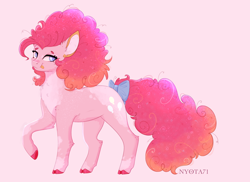 Size: 2136x1556 | Tagged: safe, artist:nyota71, pinkie pie, earth pony, pony, alternate hairstyle, belly fluff, body markings, bow, chest fluff, colored hooves, ear fluff, female, looking at you, mare, multicolored hair, redesign, smiling, solo, spots, tail bow, tongue out