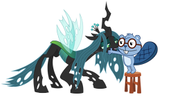 Size: 3307x1860 | Tagged: safe, artist:culu-bluebeaver, queen chrysalis, oc, oc:culu, beaver, changeling, changeling queen, g4, canon x oc, cartoon, chair, crown, digital, digital art, fanart, female, glasses, happy tree friends, horn, jewelry, looking at each other, male, open mouth, png, regalia, simple background, smiling, straight, transparent background, vector, wings