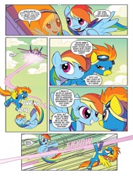 Size: 768x1024 | Tagged: safe, artist:priscilla tramontano, idw, rainbow dash, spitfire, cybertronian, pegasus, pony, g4, the magic of cybertron, spoiler:comic, spoiler:the magic of cybertron02, clothes, decepticon, female, flying, laser, laughing, starscream, transformers, uniform, wonderbolts, wonderbolts uniform