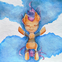 Size: 1024x1024 | Tagged: safe, artist:0okami-0ni, scootaloo, pegasus, pony, g4, cloud, ear fluff, eyes closed, female, filly, sky, solo, spread wings, traditional art, water, watercolor painting, wings