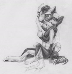 Size: 2922x2993 | Tagged: safe, artist:joestick, oc, oc only, oc:arcalia, oc:kass, earth pony, pony, semi-anthro, arm hooves, brother and sister, coat markings, embrace, female, high res, hug, male, monochrome, pencil drawing, pinto, siblings, socks (coat markings), traditional art