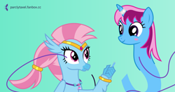Size: 1200x630 | Tagged: safe, artist:parclytaxel, oc, oc only, oc:parcly taxel, oc:wishgriff, alicorn, classical hippogriff, genie, genie pony, hippogriff, pony, albumin flask, blushing, bracelet, circlet, eye contact, female, jewelry, looking at each other, mare, not silverstream, smiling, vector, wip