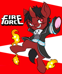 Size: 1667x1984 | Tagged: safe, artist:steelsoul, original species, pony, umbra pony, clothes, coat, colt, crossover, fire, fire fighter, fire force, male, ponified, sharp teeth, shinra kusakabe, teeth