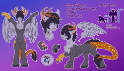 Size: 3500x2000 | Tagged: safe, artist:fkk, oc, oc only, oc:kyoto, draconequus, bust, claws, commission, fangs, female, high res, paw pads, paws, portrait, reference, reference sheet, tongue out, wings