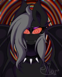 Size: 1648x2048 | Tagged: safe, artist:silvanadraws, oc, oc:karen, bat pony, bat pony oc, creepy, fangs, hypnosis, trippy