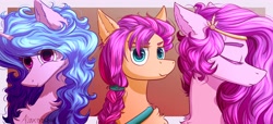 Size: 4096x1866 | Tagged: safe, artist:willdrawhere, izzy moonbow, pipp petals, sunny starscout, earth pony, pegasus, pony, unicorn, g5, adorapipp, cute, eyes closed, female, high res, looking at you, mare, smiling, trio, trio female