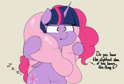 Size: 3252x2212 | Tagged: safe, artist:blitzyflair, pinkie pie, twilight sparkle, alicorn, earth pony, pony, g4, balloonbutt, bipedal, butt, carrying, chubby, dialogue, duo, duo female, fat, female, high res, mare, onomatopoeia, open mouth, plot, simple background, sleeping, the ass was fat, thick, thighs, twilight sparkle (alicorn), wide hips, zzz