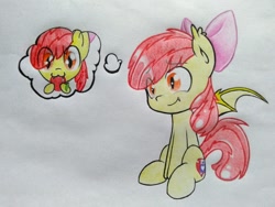 Size: 960x720 | Tagged: artist needed, safe, apple bloom, bat pony, pony, g4, adorabloom, apple, bat ponified, bloombat, bow, cute, cute little fangs, fangs, female, filly, food, race swap, solo, thought bubble, traditional art