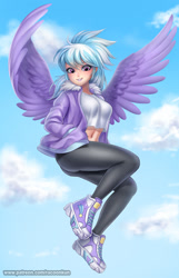 Size: 967x1500 | Tagged: safe, artist:racoonsan, cloudchaser, human, belly button, breasts, busty cloudchaser, clothes, cloud, commission, cute, cutechaser, flying, hand in pocket, humanized, jacket, looking at you, midriff, pants, shoes, solo, winged humanization, wings