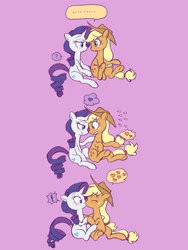 Size: 1620x2160 | Tagged: safe, artist:haibaratomoe, applejack, rarity, earth pony, pony, unicorn, g4, ..., bedroom eyes, blushing, comic, cute, duo, exclamation point, eyes closed, female, flirting, heart, holding hooves, hoof on shoulder, jackabetes, kissing, lesbian, looking at each other, looking into each others eyes, question mark, raribetes, ship:rarijack, shipping, sitting, speech bubble, sweat, sweatdrops, underhoof, wide eyes