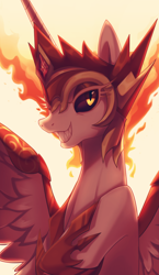 Size: 2600x4489 | Tagged: safe, artist:maren, daybreaker, alicorn, pony, g4, crown, dark sclera, evil smile, grin, high res, hoof shoes, jewelry, looking at you, mane of fire, regalia, sharp teeth, smiling, solo, teeth