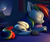 Size: 2490x2082 | Tagged: safe, artist:psfmer, rainbow dash, pegasus, pony, g4, 3d, bed, butt, dock, eyes closed, female, high res, hug, lamp, lying down, mare, moon, on side, open mouth, pillow, pillow hug, plot, revamped ponies, sky, sleeping, source filmmaker, stars