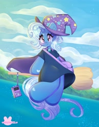Size: 3186x4096 | Tagged: safe, artist:bunxl, trixie, unicorn, semi-anthro, g4, arm hooves, blushing, broom, cape, clothes, cute, diatrixes, dress, ethereal mane, female, flying, flying broomstick, hat, heart, kiki's delivery service, music notes, purse, radio, smiling, solo, starry eyes, starry mane, starry tail, studio ghibli, tail, trixie's cape, trixie's hat, wingding eyes, witch