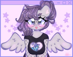 Size: 3326x2607 | Tagged: safe, artist:bunxl, trixie, oc, oc only, oc:vylet, pegasus, anthro, arm boob squeeze, blushing, breasts, fishnet stockings, glasses, heart eyes, high res, looking at you, round glasses, smiling, solo, spread wings, wingding eyes, wings
