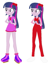Size: 423x569 | Tagged: safe, artist:selenaede, artist:user15432, twilight sparkle, alicorn, human, equestria girls, g4, barely eqg related, base used, bow, cat ears, cat tail, clothes, crossover, dress, hair bow, hello kitty, hello kitty (character), kitty white, overalls, purple dress, red bow, roller skates, rollerblades, sanrio, shirt, simple background, tara strong, twilight sparkle (alicorn), undershirt, voice actor, white background