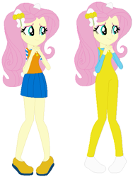 Size: 429x572 | Tagged: safe, artist:selenaede, artist:user15432, fluttershy, human, equestria girls, g4, barely eqg related, base used, bow, cat ears, cat tail, clothes, crossover, hair bow, hairpin, hello kitty, mimmy white, overalls, sanrio, shirt, shoes, simple background, undershirt, white background