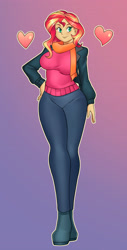 Size: 2000x3948 | Tagged: safe, artist:nauth, sunset shimmer, comic:inner thoughts, equestria girls, g4, breasts, busty sunset shimmer, clothes, female, heart, high res, jacket, scarf, sexy, smiling, sweater, winter outfit