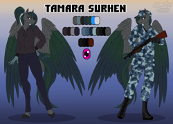 Size: 1400x1000 | Tagged: safe, artist:sunny way, oc, oc:tamara surhen, hippogriff, anthro, clothes, cute, female, gun, military, reference, reference sheet, smiling, weapon, wings