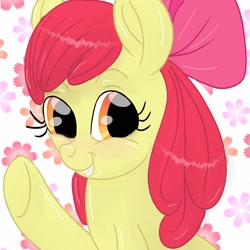 Size: 1600x1600 | Tagged: safe, artist:star14131, apple bloom, earth pony, pony, g4, adorabloom, apple bloom's bow, bow, cute, female, filly, flower, hair bow, happy, looking at you, smiling, solo, waving, weapons-grade cute