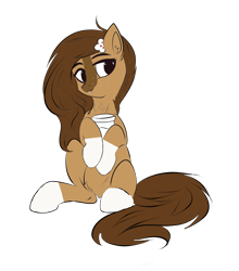 Size: 1761x2000 | Tagged: artist needed, safe, color edit, edit, oc, oc only, oc:cocoa, earth pony, pony, coat markings, coffee cup, colored, cup, earth pony oc, female, flower, flower in hair, mare, sitting, sketch, socks (coat markings)
