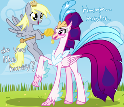Size: 6969x5994 | Tagged: safe, artist:kmlp, derpibooru exclusive, derpy hooves, queen novo, classical hippogriff, hippogriff, pegasus, pony, my little pony: the movie, absurd resolution, blushing, dialogue, duo, food, honey, muffin, one eye closed, smiling, vector