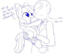 Size: 1456x1222 | Tagged: safe, artist:mcsadat, apple bloom, oc, oc:anon, earth pony, human, pony, g4, butt touch, female, filly, hand on butt, holding a pony, sweat, sweatdrop