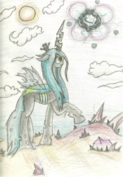 Size: 1440x2063 | Tagged: safe, artist:moonlightrift, queen chrysalis, changeling, changeling queen, g4, crossover, desert, female, fortnite, solo, sun, the zero point