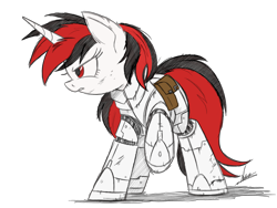 Size: 3323x2500 | Tagged: safe, artist:blackjackpone, artist:ncmares, oc, oc only, oc:blackjack, cyborg, pony, unicorn, fallout equestria, fallout equestria: project horizons, amputee, armor, bag, cybernetic legs, fanfic, fanfic art, female, high res, hooves, horn, level 1 (project horizons), mare, pony oc, raised hoof, red eyes, saddle bag, simple background, sketch, solo, transparent background, unicorn oc