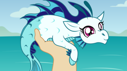Size: 2675x1505 | Tagged: safe, artist:badumsquish, derpibooru exclusive, sonata dusk, human, siren, g4, baby, baby siren, carp meme, cute, daaaaaaaaaaaw, female, hand, holding a siren, looking at you, ocean, offscreen character, ponified animal photo, pov, show accurate, size difference, smiling, smol, solo focus, sonatabetes, true form, water, young