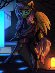 Size: 1500x2000 | Tagged: safe, artist:freak-side, fluttershy, pegasus, anthro, unguligrade anthro, g4, badass, chromatic aberration, flutterbadass, flutterspy, gun, handgun, heads up display, headset, pistol, solo, spy