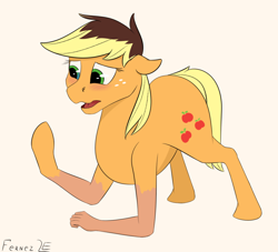 Size: 1100x1000 | Tagged: safe, artist:furnaise, applejack, earth pony, human, pony, g4, blushing, brown hair, human to pony, male to female, mid-transformation, rule 63, signature, simple background, solo, transformation, transgender transformation, white background