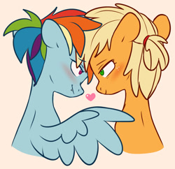 Size: 2072x2002 | Tagged: safe, artist:chub-wub, applejack, rainbow dash, earth pony, pegasus, pony, g4, alternate hairstyle, blushing, digital art, facing each other, fangs, female, hatless, heart, high res, lesbian, looking at each other, mare, missing accessory, ponytail, raised wing, ship:appledash, shipping, simple background, white background