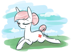 Size: 2022x1477 | Tagged: safe, artist:lilliesinthegarden, nurse redheart, earth pony, pony, g4, eyes closed, female, hair bun, lying down, mare, prone, smiling, solo, tail bun