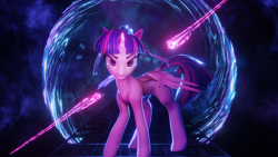 Size: 3840x2160 | Tagged: safe, artist:valiant studios, oc, oc:twilight (dimensional shift), alicorn, pony, dimensional shift, 3d, angry, blender, chopsticks, concave belly, energy sword, female, high res, mare, platform, rift gate, slender, solo, sword, thin, vs twi, weapon