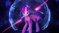 Size: 3840x2160 | Tagged: safe, artist:valiant studios, oc, oc:twilight (dimensional shift), alicorn, pony, dimensional shift, 3d, angry, blender, chopsticks, energy sword, female, high res, mare, platform, rift gate, solo, sword, vs twi, weapon