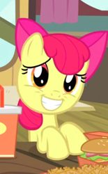 Size: 248x400 | Tagged: safe, screencap, apple bloom, earth pony, pony, g4, season 4, twilight time, adorabloom, burger, cropped, cute, female, filly, food, grin, hay burger, nervous, nervous smile, smiling, solo, worried
