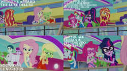 Size: 1280x720 | Tagged: safe, edit, edited screencap, editor:quoterific, screencap, applejack, fluttershy, pinkie pie, rainbow dash, rarity, sci-twi, sunset shimmer, twilight sparkle, equestria girls, equestria girls specials, g4, my little pony equestria girls: better together, my little pony equestria girls: spring breakdown, clothes, dress, female, green face, humane five, humane seven, humane six, luxe deluxe, male, open mouth, seasickness, shirt, sleeveless, sleeveless dress, sleeveless shirt, yacht
