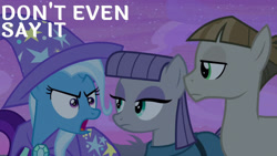 Size: 1280x720 | Tagged: safe, edit, edited screencap, editor:quoterific, screencap, maud pie, mudbriar, starlight glimmer, trixie, earth pony, pony, unicorn, g4, season 9, student counsel, cape, clothes, female, hat, male, mare, offscreen character, open mouth, stallion, trixie's cape, trixie's hat