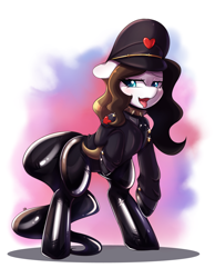 Size: 924x1188 | Tagged: safe, artist:tikrs007, oc, oc only, oc:chocolate fudge, earth pony, pony, bipedal, clothes, collar, female, latex, latex suit, mare, open mouth, solo, spiked collar, tongue out, uniform