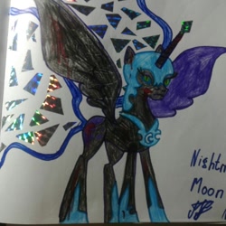 Size: 966x966 | Tagged: safe, artist:shards_of_black_glass, nightmare moon, alicorn, pony, g4, female, frown, helmet, hoof shoes, horn, mare, peytral, signature, solo, traditional art, wings
