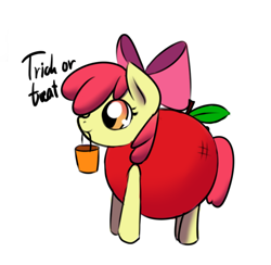 Size: 634x618 | Tagged: safe, anonymous artist, apple bloom, earth pony, pony, g4, adorabloom, apple, clothes, costume, cute, female, filly, food, halloween, holiday, solo, trick or treat