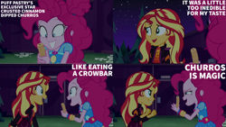 Size: 1280x720 | Tagged: safe, edit, edited screencap, editor:quoterific, screencap, pinkie pie, sunset shimmer, human, equestria girls, equestria girls specials, g4, my little pony equestria girls: better together, my little pony equestria girls: sunset's backstage pass, churros, clothes, crowbar, cutie mark, cutie mark on clothes, duo, duo female, female, food, geode of empathy, geode of sugar bombs, magical geodes, music festival outfit, night, open mouth, smiling, teeth