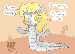 Size: 671x484 | Tagged: safe, artist:archego-art, derpy hooves, lamia, mouse, original species, g4, drawthread, female, food, forked tongue, lamiafied, mouseffin, muffin, request, shrug, snerpy, solo, species swap, tongue out