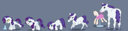 Size: 1800x437 | Tagged: safe, artist:magerblutooth, rarity, horse, pony, unicorn, g4, bottle, bubble, butt, clothes, commission, dress, female, floppy ears, gray background, hoers, horses doing horse things, horsified, intelligence loss, lidded eyes, looking back, mannequin, mare, mental shift, munching, open mouth, pony to horse, potion, realistic, rearity, semi-realistic, show accurate, simple background, snorting, solo, story included, swirly eyes, transformation, transformation sequence, vector
