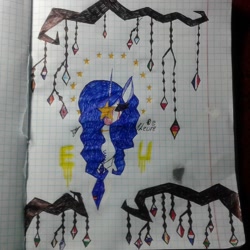 Size: 1080x1080 | Tagged: safe, artist:shards_of_black_glass, oc, oc only, pony, unicorn, black sclera, bust, graph paper, hair over one eye, horn, solo, traditional art, unicorn oc