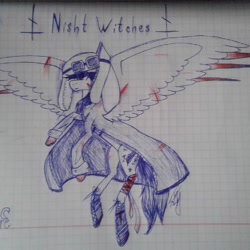 Size: 1080x1080 | Tagged: safe, artist:shards_of_black_glass, pegasus, pony, blood, clothes, coat, female, flying, graph paper, mare, ponified, soldier, traditional art, world war ii